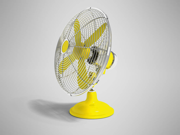 Moderno ventilatore giallo sul tavolo per raffreddare la stanza sulla destra 3d rendere non sfondo grigio con ombra
 - Foto, immagini