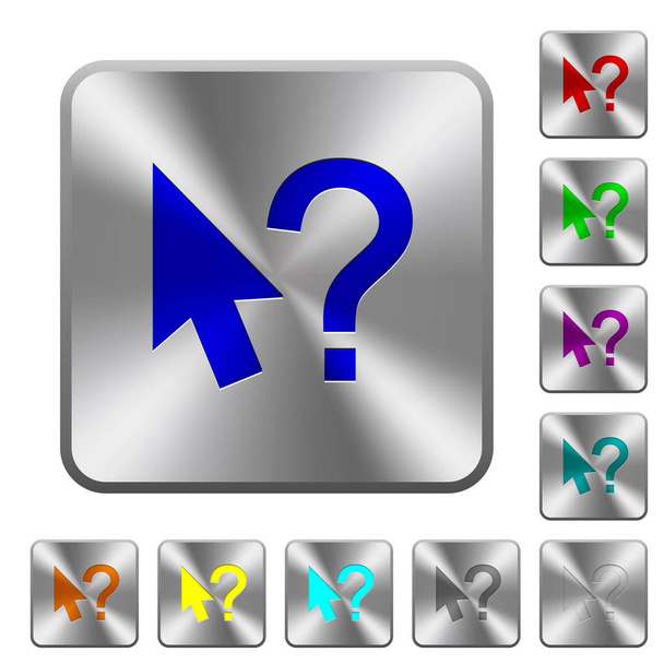 Help cursor engraved icons on rounded square glossy steel buttons - Vector, Image