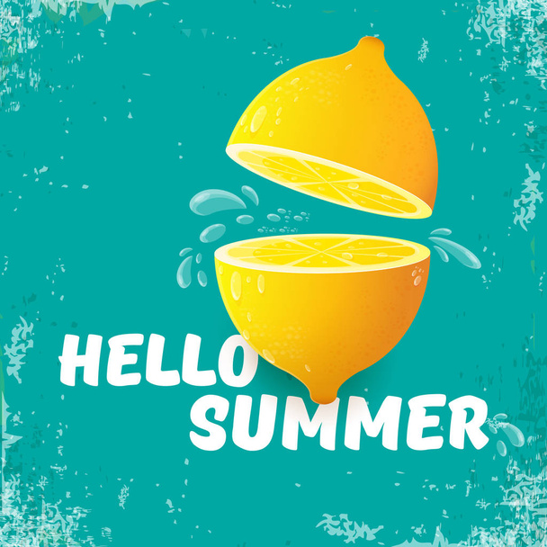 Vector Hello Summer Beach Party Flyer Modello di design con limone fresco isolato su sfondo azzurro o torchese. Hello summer concept label o poster con frutta arancione e testo tipografico
. - Vettoriali, immagini