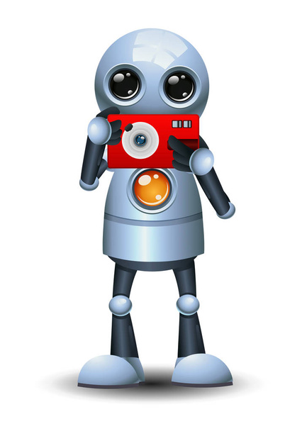 Illustration eines glücklichen Droiden kleiner Roboter halten Taschenkamera auf isoliertem weißen Hintergrund - Foto, Bild