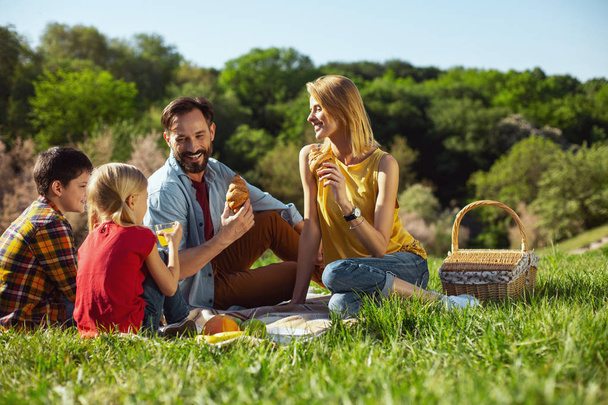 Iloiset vanhemmat piknikillä lastensa kanssa
 - Valokuva, kuva