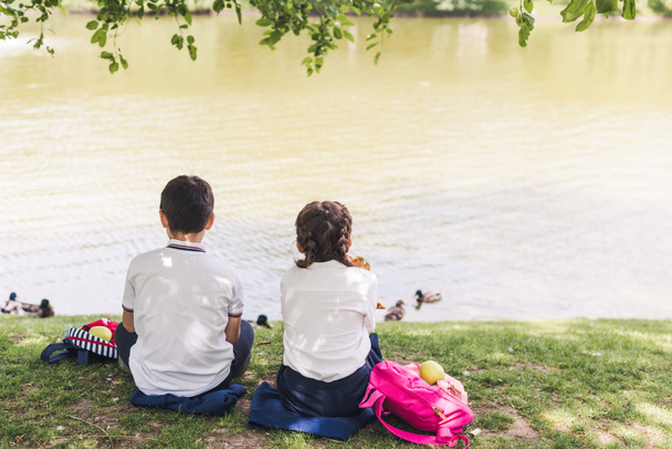 rear view of schoolchildren sitting on lake bank and feeding ducks - Foto, Bild