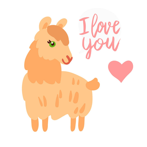 Happy Valentine cute llama flat illustration with hand written lettering I love you and hearts isolated on white. - Vektori, kuva