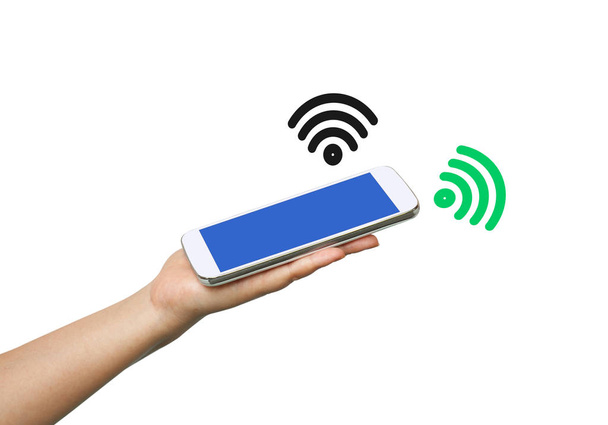 Man Hand Hold a Smart Phone to Connect Internet with Wifi. - Zdjęcie, obraz