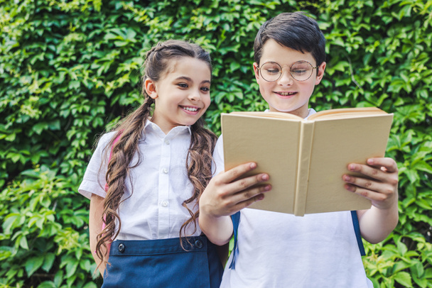 Onderaanzicht van gelukkig schoolkinderen lezen boek samen voor wijnstok muur - Foto, afbeelding
