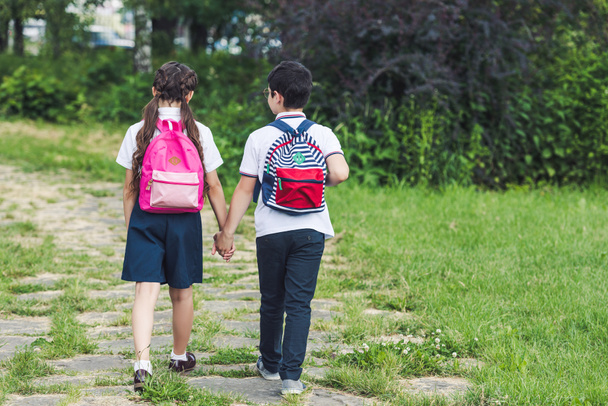 Achteraanzicht van schoolkinderen door traject in park wandelen en hand in hand - Foto, afbeelding