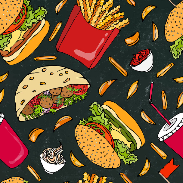 Black Board Background. Burger, Cola, French Fries, Ketchup, Falafel Pita, Meatballs, Mayonnaise Sauce. Fast Street Food Seamless. Realistic Hand Drawn Illustration. Savoyar Doodle Style - Vektor, obrázek