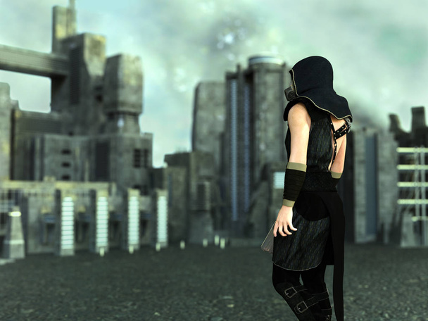Renderização 3D de um homem usando uma máscara de gás e segurando um rifle em um mundo distópico futurista. Industrial edifícios da cidade no fundo com um céu poluído
. - Foto, Imagem