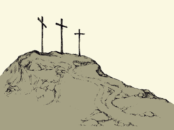 Three historic jew old tomb roods. Traditional lent crucified scene isolated on white backdrop. Outline black ink hand drawn picture sketch in doodle retro style pen on paper and space for text on sky - Vector, Image