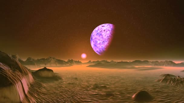 Pink Sunrise en Alien Planet. Un gran planeta (luna) gira lentamente sobre un cielo estrellado oscuro. Sobre el horizonte brumoso, un sol rosado brillante sale rápidamente. El desierto y las rocas están pintadas de rosa
.  - Metraje, vídeo