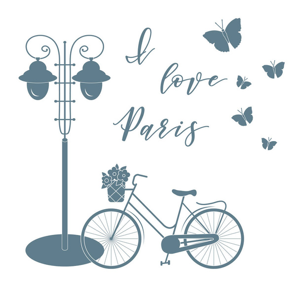 Fahrrad mit einem Korb voller Blumen, Laternen, Schmetterlinge. die Inschrift i love paris. Reisen und Freizeit. - Vektor, Bild