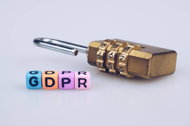 GDPR word text written on colorful cube with padlock on white background - Photo, Image