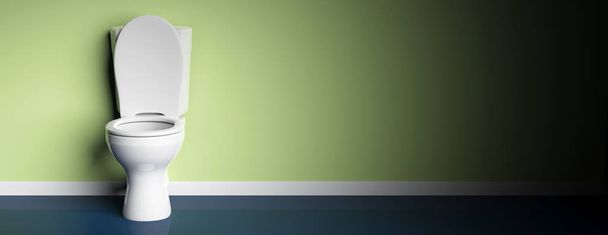 Tigela de toalete branco no fundo de parede pintado verde, banner, espaço de cópia, vista frontal. ilustração 3d
 - Foto, Imagem