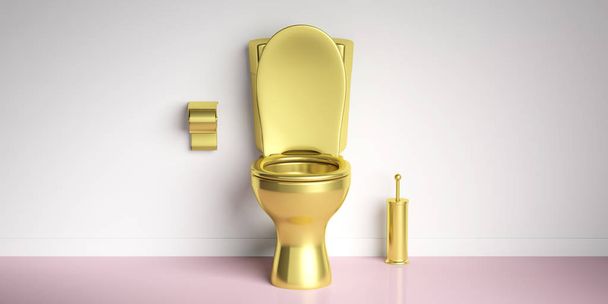 Luxury toilets. Golden toilet bowl and accesories on pink floor, white wall background, copy space. 3d illustration - Photo, Image