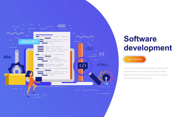Software development modern flat concept web banner with decorated small people character. Landing page template. Conceptual vector illustration for web and graphic design, marketing. - Vector, Image