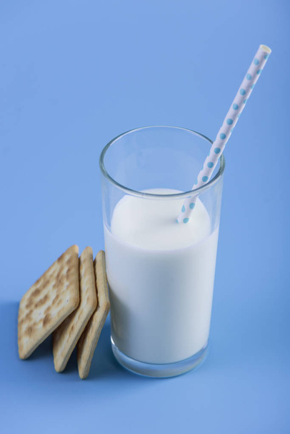 Sklenice čerstvého mléka s brčkem a soubory cookie na modrém pozadí. Barevný minimalismus. Koncept zdravých mléčných výrobků s vápníkem - Fotografie, Obrázek