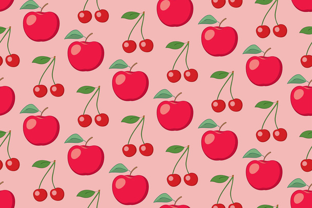 ρόδινη διάνυσμα φρούτα χωρίς ραφή πρότυπο με τα μήλα και τα κεράσια - Διάνυσμα, εικόνα