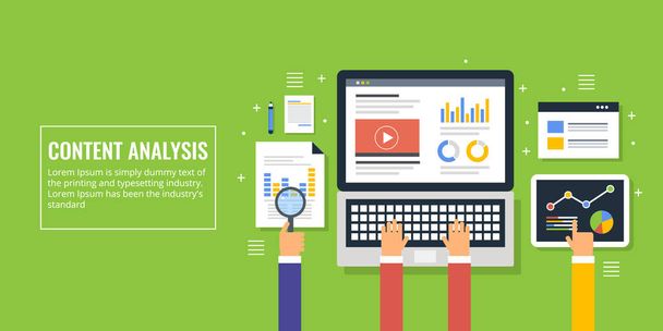 Content analysis, data research, information, reporting for online content marketing. Businessmen analyzing data, marketing performance and audience engagement. Flat design vector banner. - Vector, Image