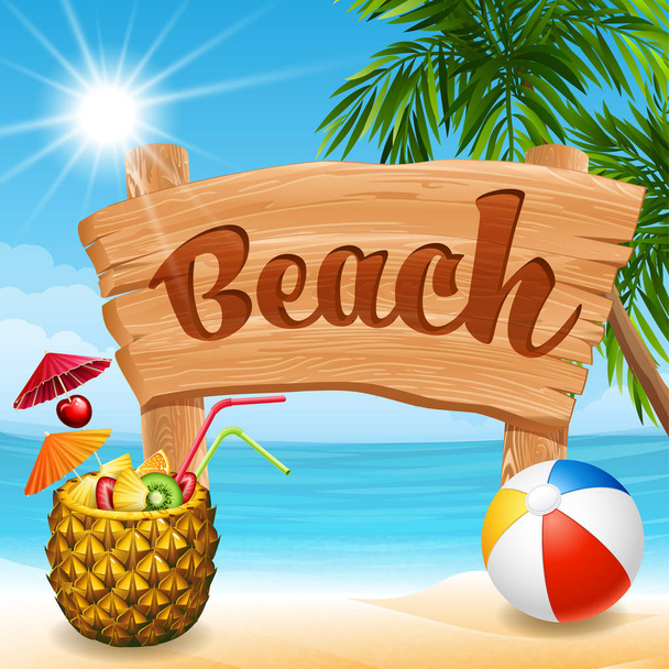 Illustration vectorielle - bannière en bois, cocktail d'ananas et ballon sur une plage
 - Vecteur, image