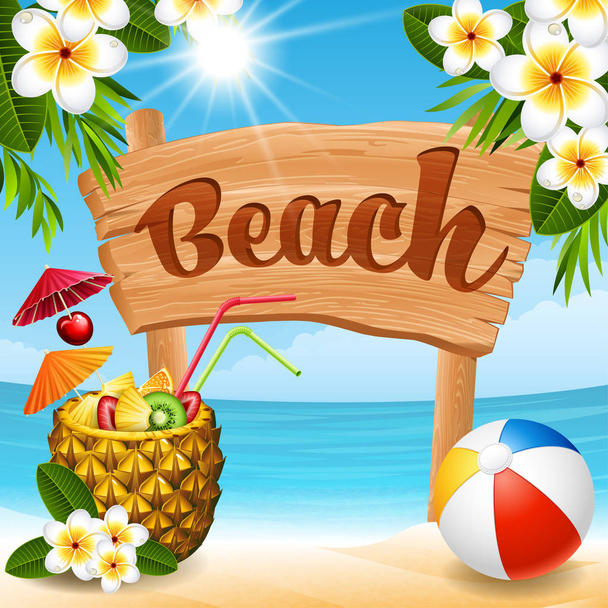 Vector illustration - wooden banner, pineapple cocktail and ball on a beach - Vetor, Imagem