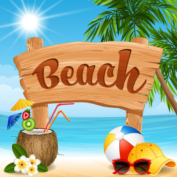 Illustration vectorielle - bannière en bois, cocktail de noix de coco et ballon sur une plage
 - Vecteur, image