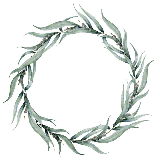 Watercolor floral wreath with eucalyptus leaves. Hand painted floral wreath with branches, leaves of eucalyptus isolated on white background. Floral illustration for design, print or background. - Photo, Image