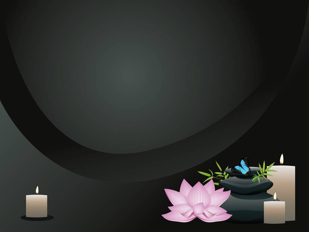 schwarze Kieselsteine Haufen, Zen-Steine Haufen und lila Lotusblume Hintergrund. - Vektor, Bild