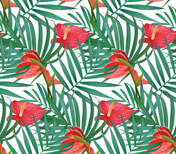 Vector Tropical flowers and palm leaves seamless pattern.  - Vector, Image