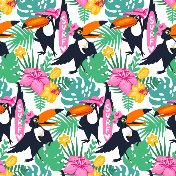 Vector cartoon tropical seamless pattern with toucan, jungle flo - Vector, Image