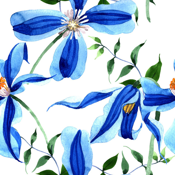 Blue durandii clematis. Floral botanical flower. Seamless background pattern. Fabric wallpaper print texture. Aquarelle wildflower for background, texture, wrapper pattern, frame or border. - Photo, Image