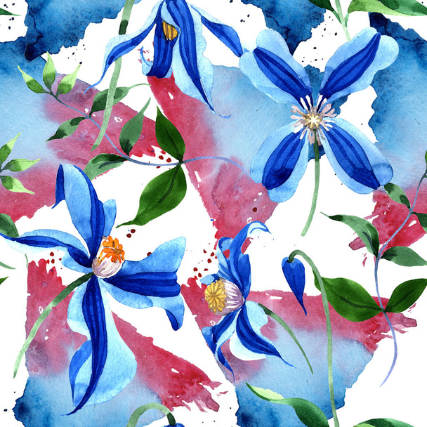 Blue durandii clematis. Floral botanical flower. Seamless background pattern. Fabric wallpaper print texture. Aquarelle wildflower for background, texture, wrapper pattern, frame or border. - Fotografie, Obrázek