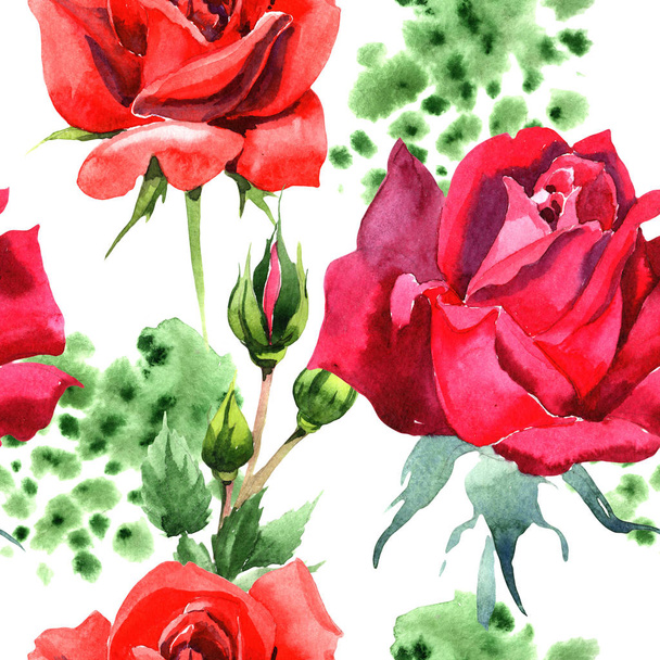赤いハイブリッド ローズ。花植物の花。シームレスな背景パターン。壁紙印刷手触りの生地。背景、テクスチャ、ラッパー パターン、フレームや境界線の aquarelle ワイルドフラワー. - 写真・画像