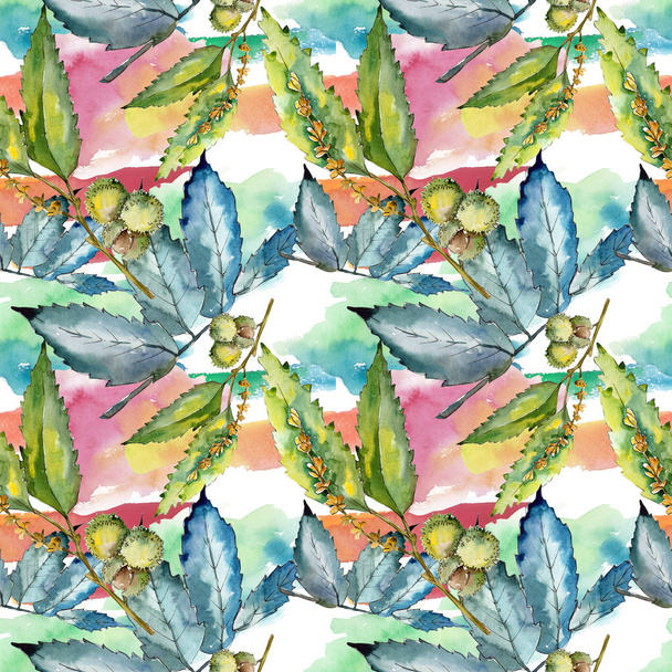 Sweet chestnut leaves in a watercolor style. Seamless background pattern. Fabric wallpaper print texture. Aquarelle leaf for background, texture, wrapper pattern, frame or border. - Zdjęcie, obraz