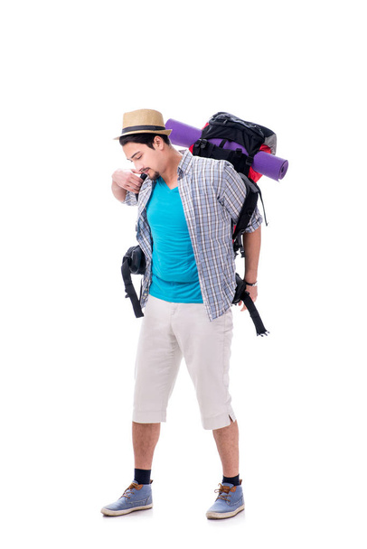 Backpacker mit großem Rucksack isoliert auf weiß - Foto, Bild