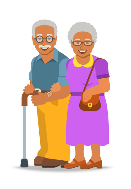 Yaşlı çift birlikte duruyor. Yaşlı Afrikalı-Amerikalı kadın kocası kolunu tutar. Vektör düz çizim. Siyah çubuk üzerinde eğilir adam yaşlı. Mutlu yılında emekli üst düzey insanlar gülümsüyor. Uzun süre evli hayat - Vektör, Görsel