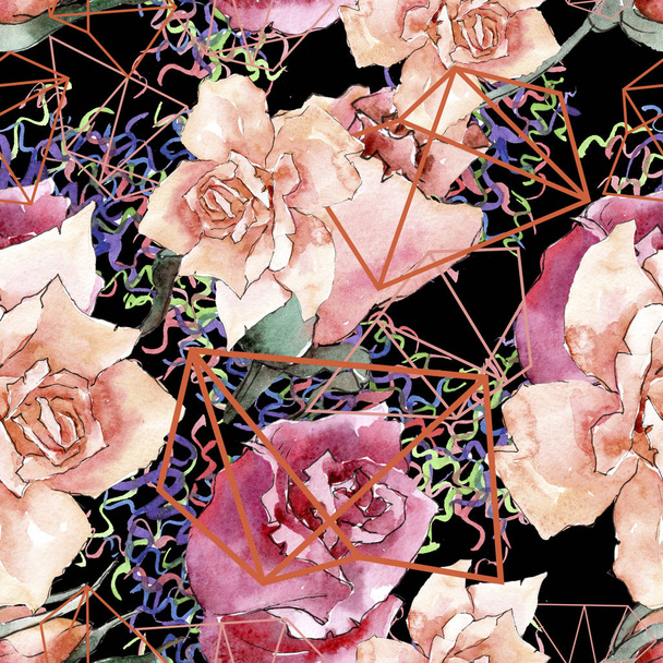 Színes rózsák. Virágos botanikai virág. Varratmentes háttérben minta. Szövet nyomtatási textúrát. A háttér textúra, burkoló minta, keret vagy határ Aquarelle vadvirág. - Fotó, kép