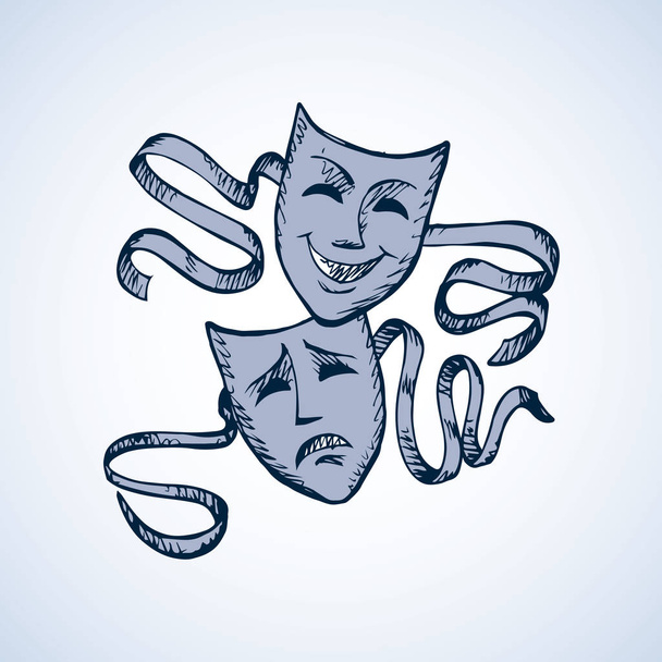 Two ancient traditional greek game human masks costume isolated on white background. Freehand outline ink hand drawn concept picture sign sketchy in retro artistic doodle graphic style pen on paper - Vector, Image
