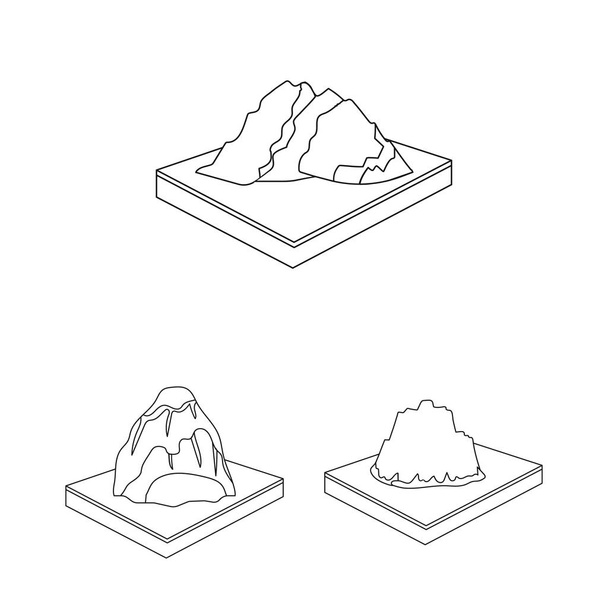 Mountains, massive outline icons in set collection for design. The surface of the earth vector isometric symbol stock web illustration. - Вектор,изображение