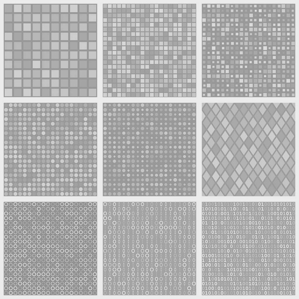 Conjunto de patrones abstractos sin costura de pequeños elementos o píxeles de varias formas en colores grises
 - Vector, Imagen