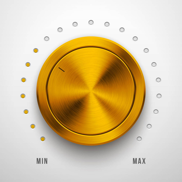 Gold metal audio volume knob, technology music button template, with metallic circular brushed texture, chrome, steel, range scale and realistic shadow for design, web, interfaces, UI, apps. Vector - Vektori, kuva