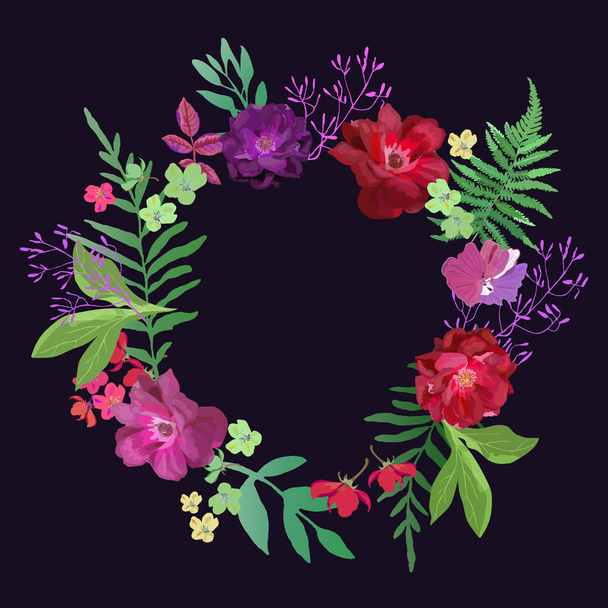 Wreath with flowers and leaves. Colorful floral ornament for des - Wektor, obraz