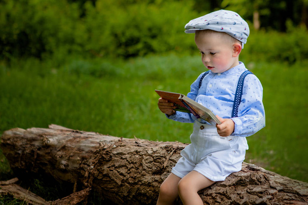 A litttle two year old Boy Sitting on a tree and Reads a Book. hildren Day. - Foto, immagini