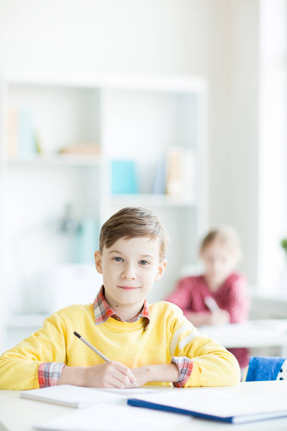 Smart schoolboy with pencil looking at camera at lesson on background of groupmate - Foto, Bild