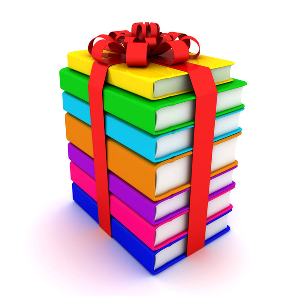Multicolored books and gift ribbon. 3d image renderer - Fotó, kép