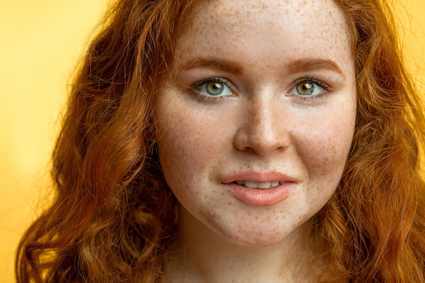 Close-up of beautiful red-haired freckled girl with loose curly hair - Valokuva, kuva