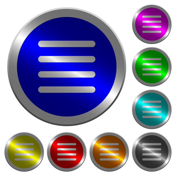 Выравнивание текста оправдывает значки на круглых светящихся пуговицах цвета монеты, как сталь
 - Вектор,изображение