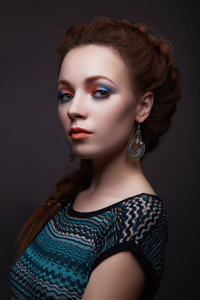 beauty girl with braids hairstyle. beautiful young woman with colorful make-up - 写真・画像