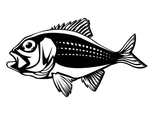 Roter Schnapper mit Ruten und Meereswellen Fischerei-Logo isoliert auf weißer Abbildung.  - Vektor, Bild