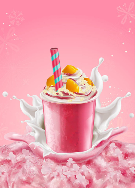 Strawberry ice shaved takeout cup with mango toppings and cream on pink background in 3d illustration - Вектор,изображение