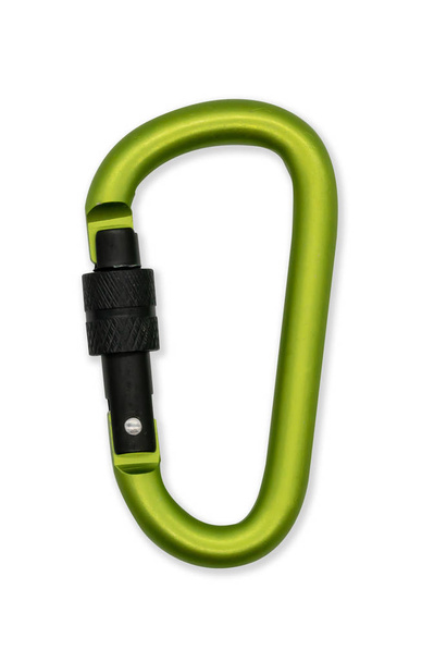 Matte green metal aluminum snap hook isolated on white background. Safety lock carabiner for rope climbing. Path Selection. - Photo, Image